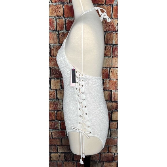 NWT Victoria’s Secret Ensenada Smocked Lace Up One Piece White Swimsuit Large - Picture 5 of 7